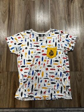 Large Rip Curl White Tee with Multicolor Surf & Shark Prints